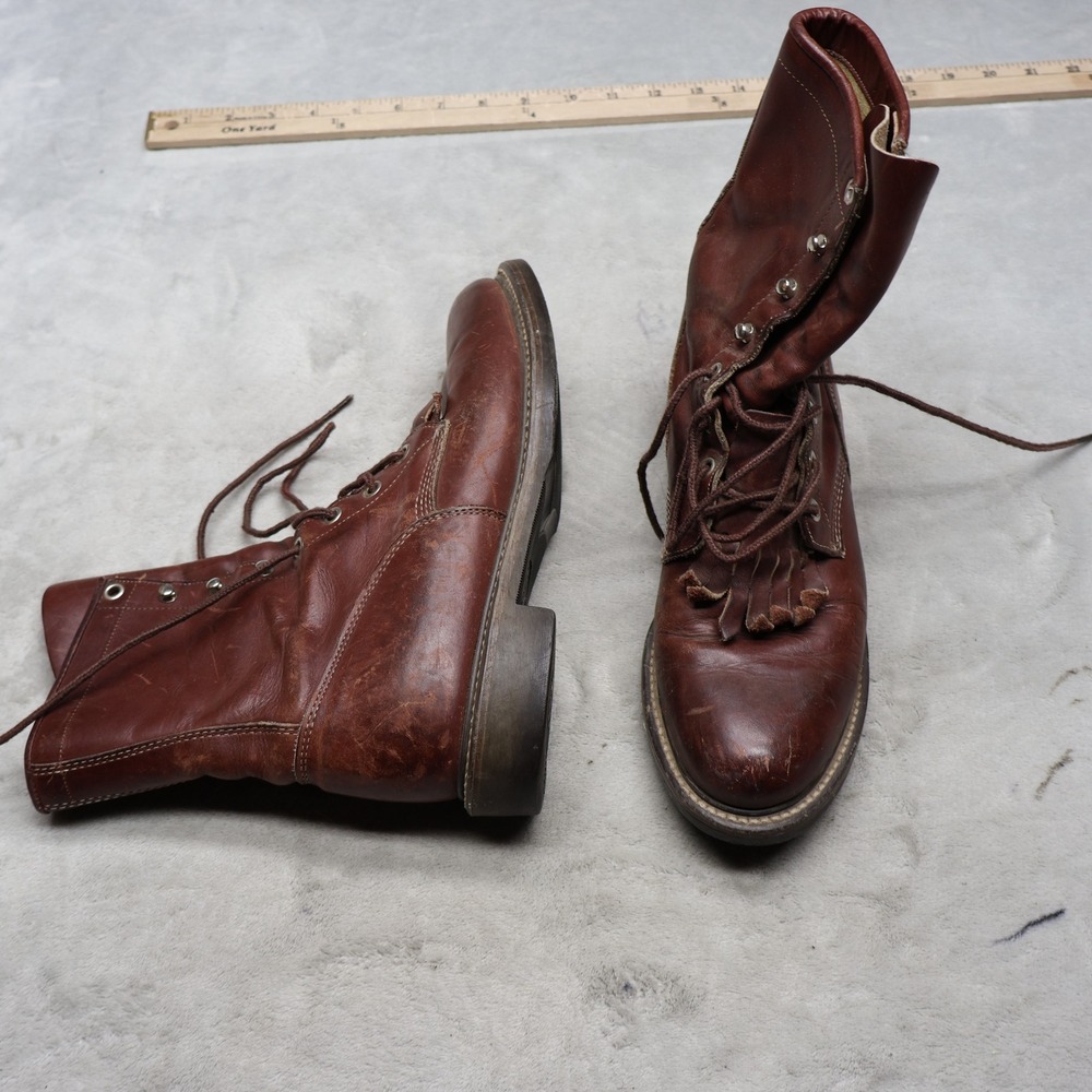 Justin‎ Mens 7.5B Roper Boots Red Leather Lace Up Kiltie Rugged Workwear VTG USA
